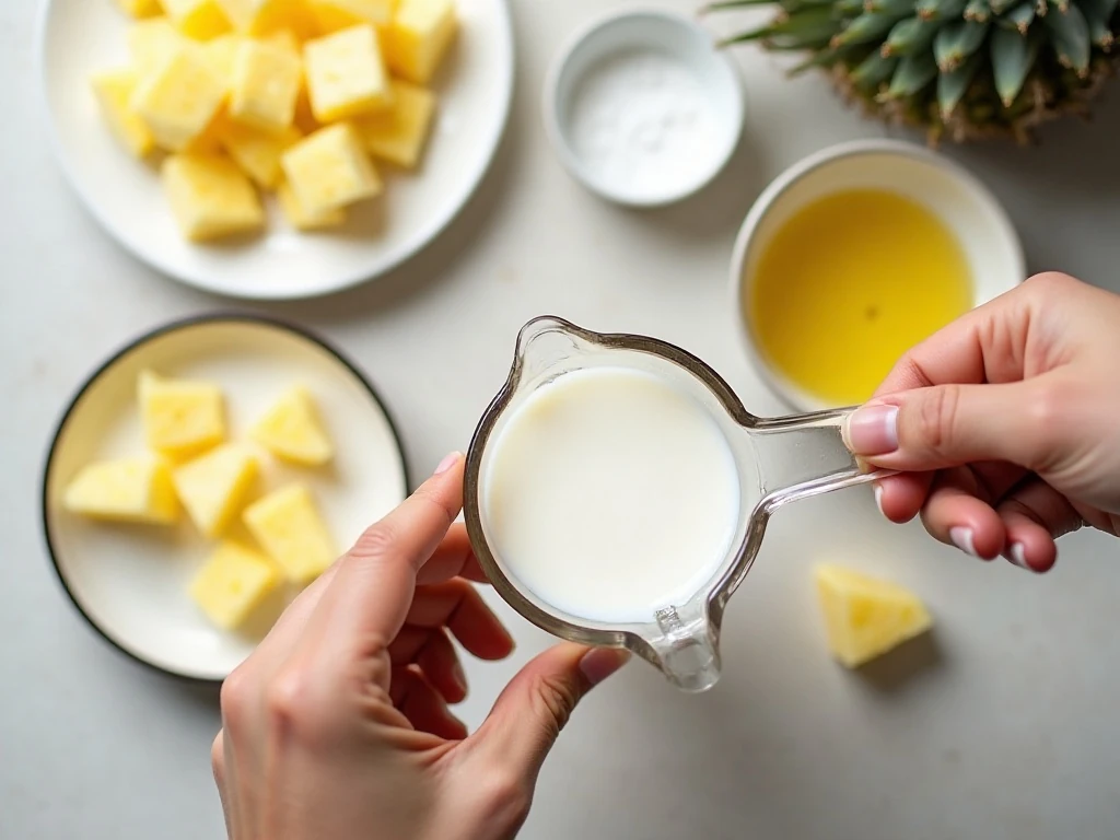 Frozen pineapple chunks and coconut milk for two-ingredient sorbet