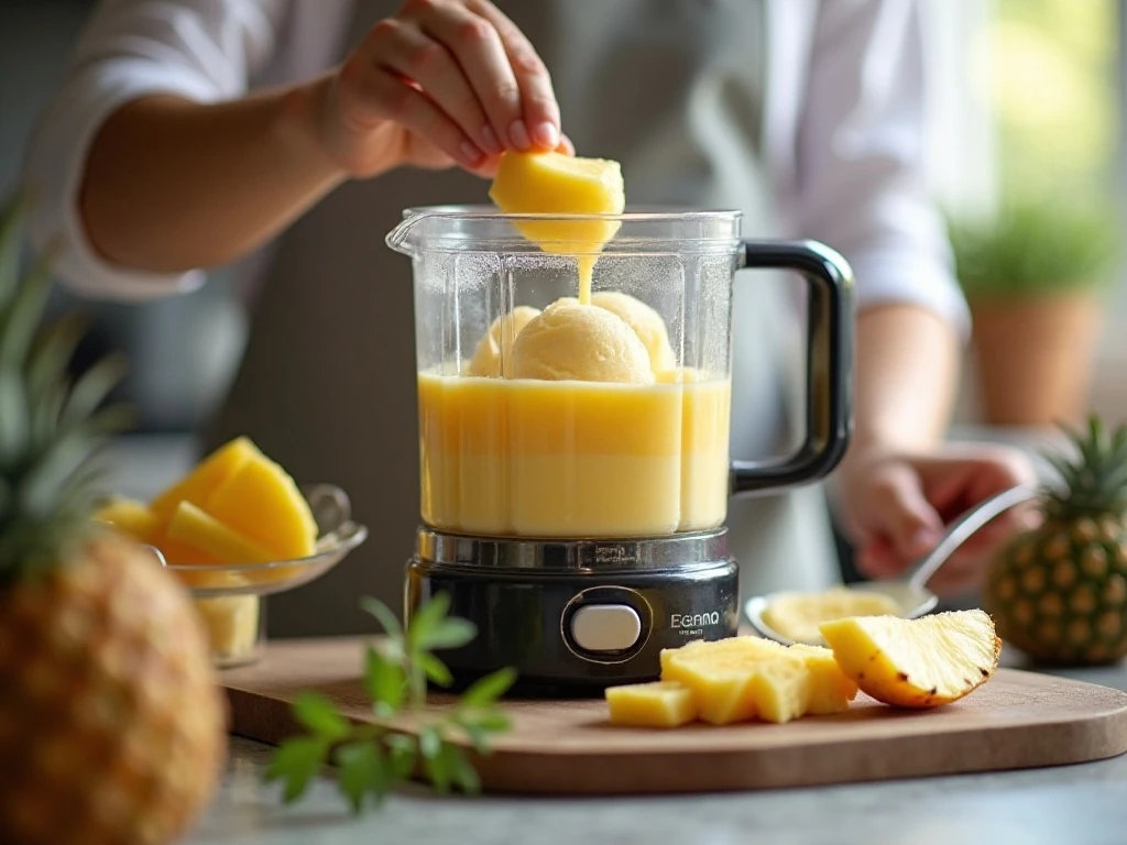 Frozen pineapple and coconut milk being blended for sorbet