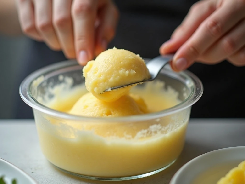 Creamy pineapple sorbet being scraped from a food processor