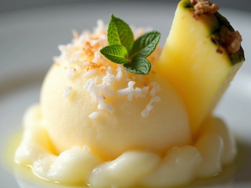 Pineapple sorbet garnished with coconut, mint, and fresh pineapple