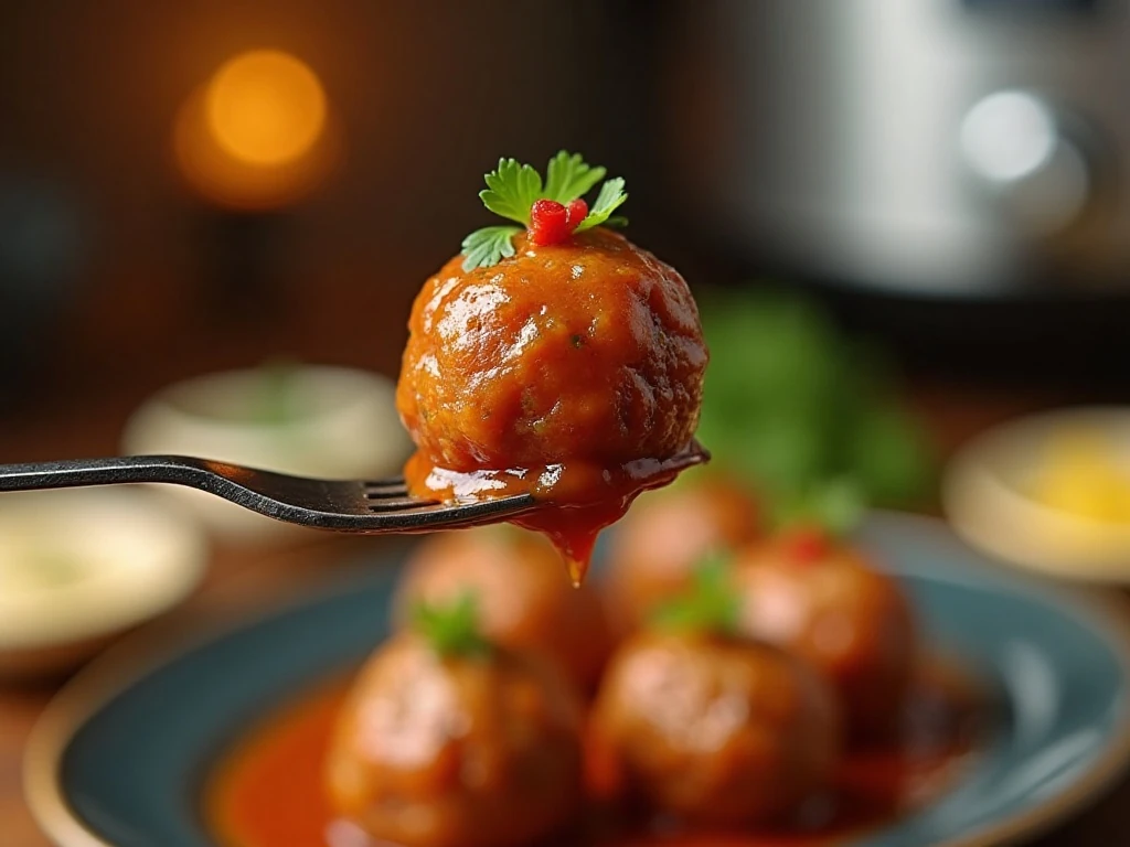 Close-up of saucy sweet and spicy meatball appetizer