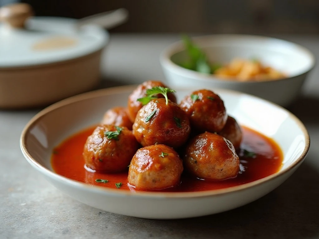 Reheated slow cooker meatballs with glossy sauce