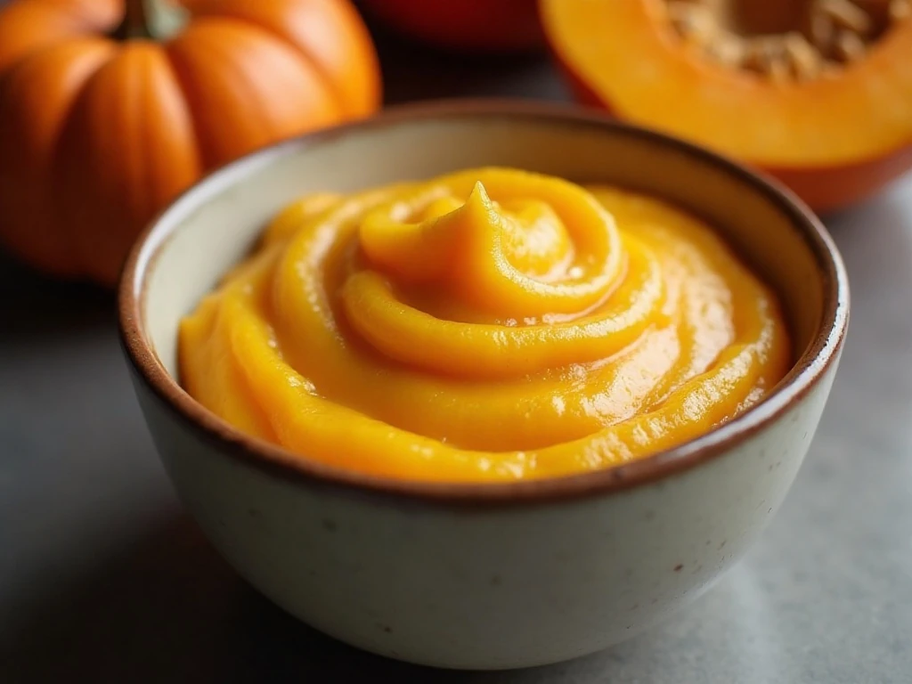 Smooth oven-roasted pumpkin purée in a bowl beside a sugar pumpkin