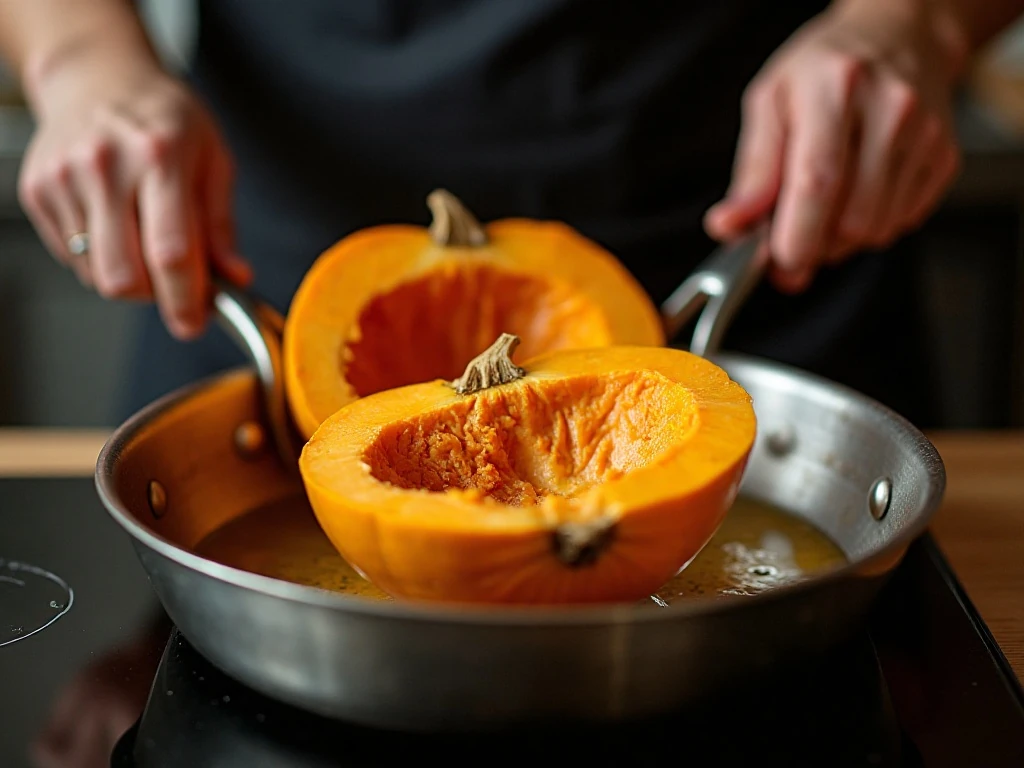 Pumpkin halves roasting cut-side down in a pan with water