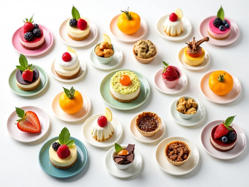 Twenty colorful dessert ideas including fruit, chocolate, cheesecake, and pudding