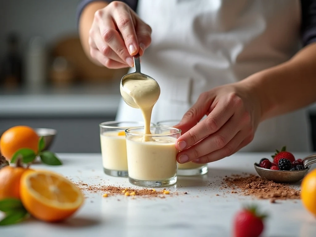Preparing measured portions of a lighter dessert in individual cups