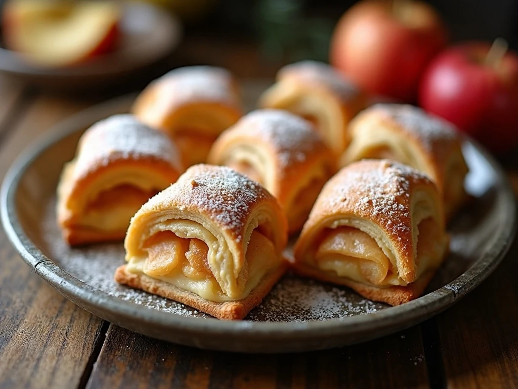 Golden glazed apple pie turnovers arranged on a serving platter