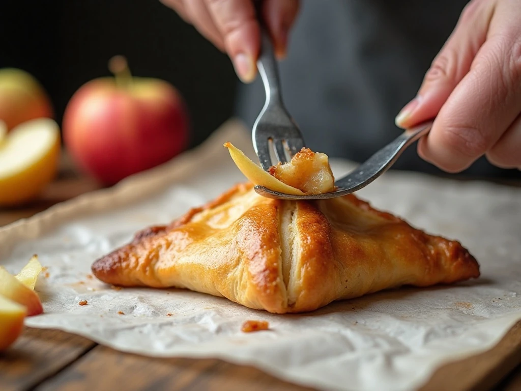 Sealing a puff pastry apple turnover with a fork