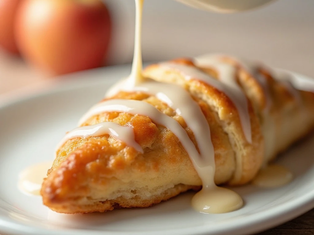 Vanilla glaze drizzled over a flaky apple turnover
