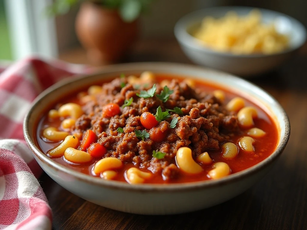 Bowl of homemade 20-minute Go-Go Goulash with beef, tomatoes, and elbow macaroni