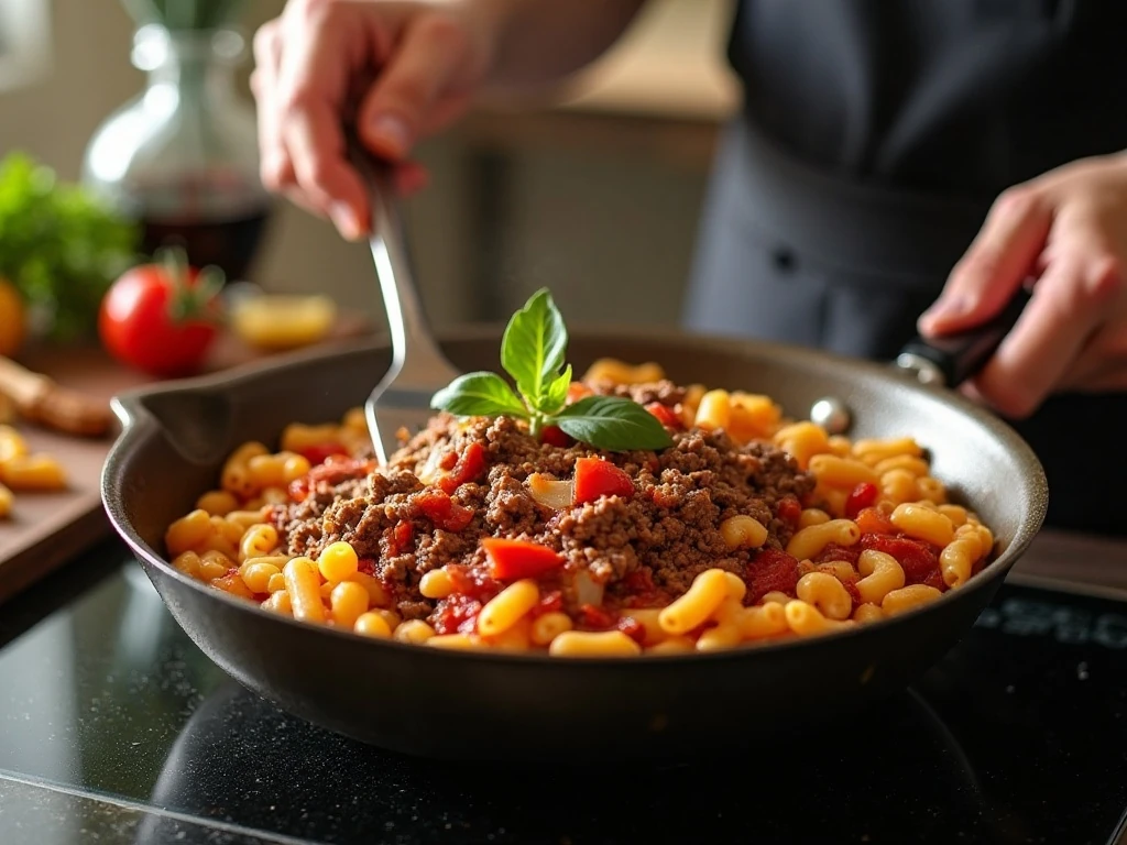 Cooking beef, tomato sauce, and macaroni together in a skillet
