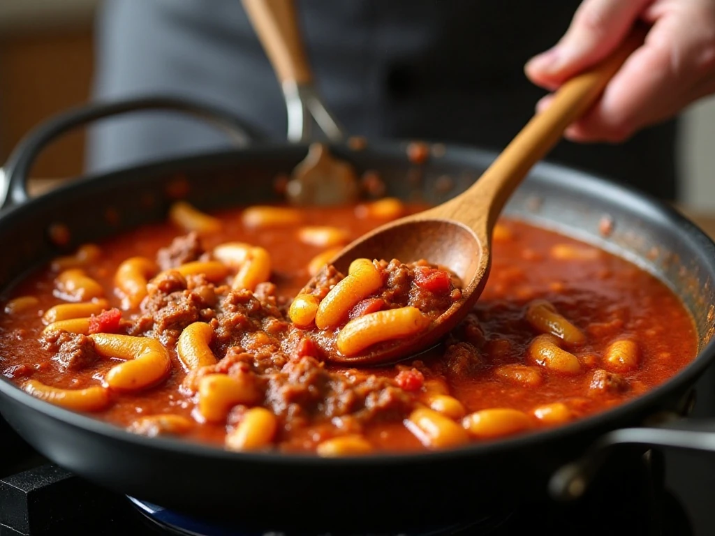 Stirring skillet goulash while the macaroni cooks