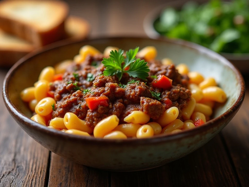 Go-Go Goulash served with parsley, bread, and a green salad
