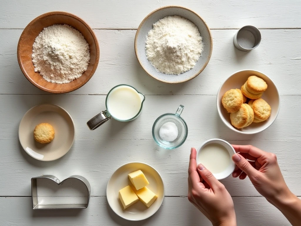 Ingredients for quick homemade biscuits arranged on a counter