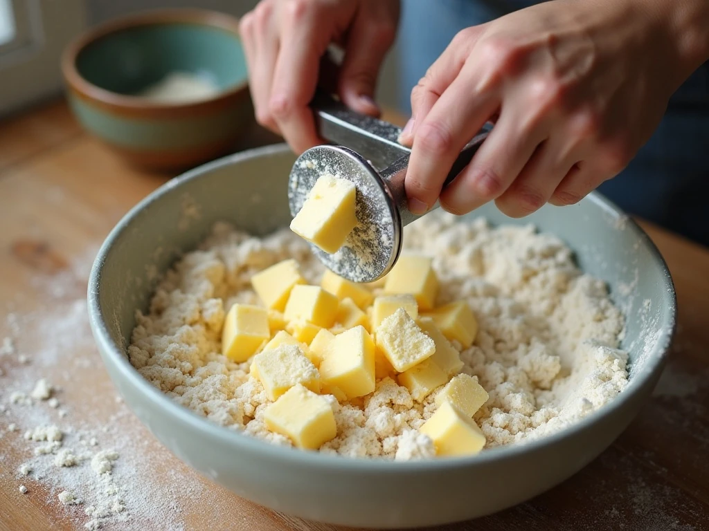 Cutting cold butter into flour for homemade biscuit dough