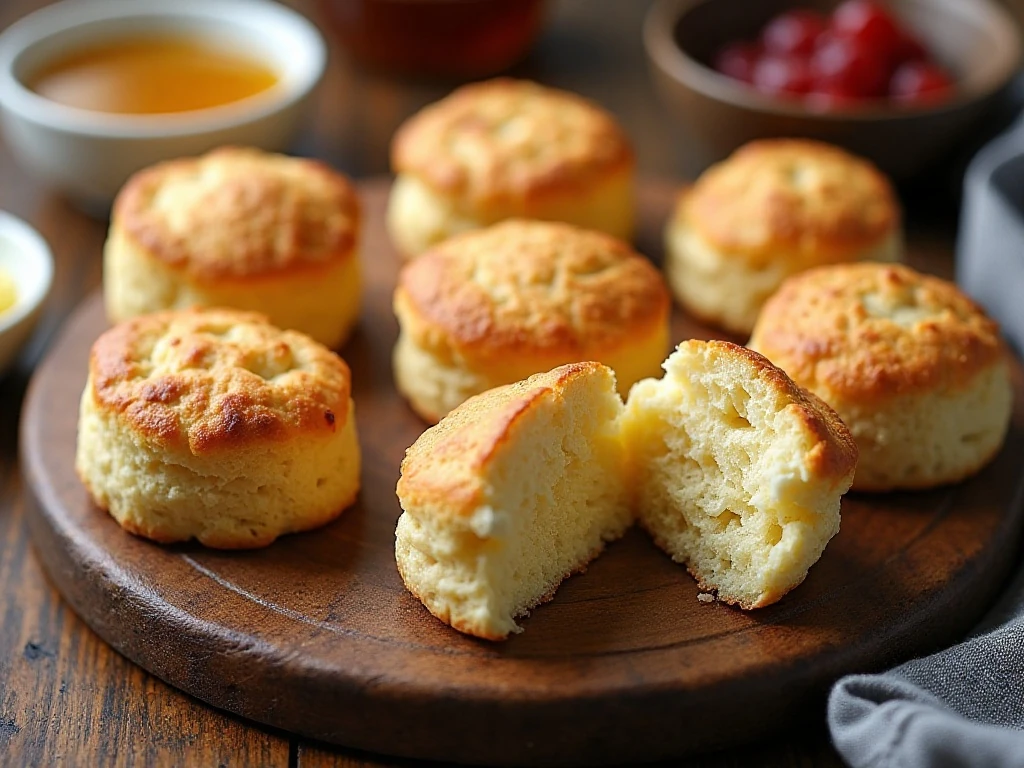Warm homemade biscuits served with butter honey and preserves