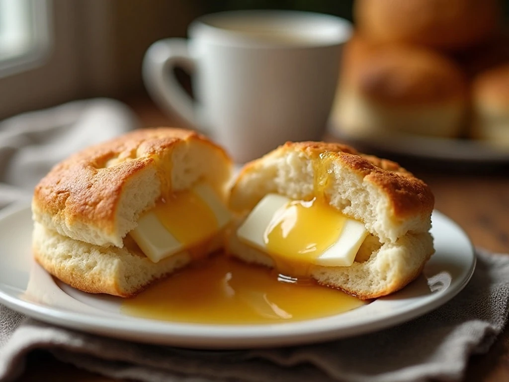 Close-up of a warm biscuit with melting butter and honey