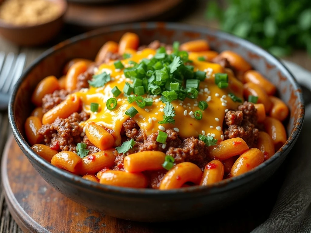 Bowl of creamy one-pot cheesy taco pasta with beef and fresh toppings