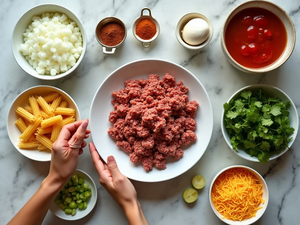 Ingredients for 20-minute one-pot cheesy taco pasta