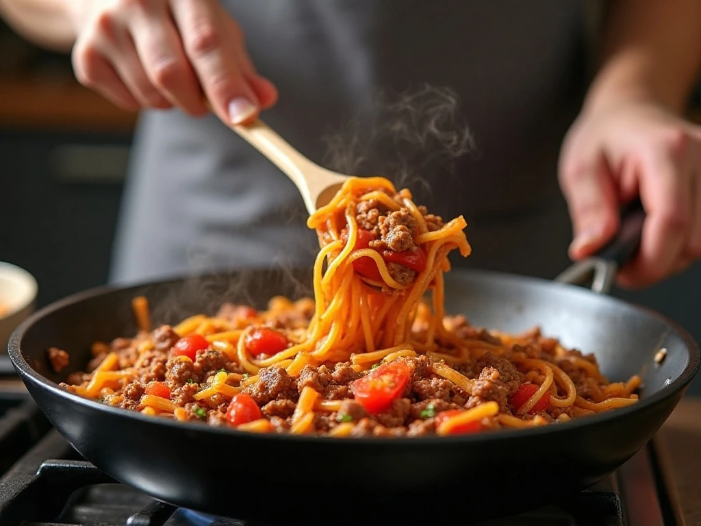 Pasta and taco beef simmering together in one deep skillet