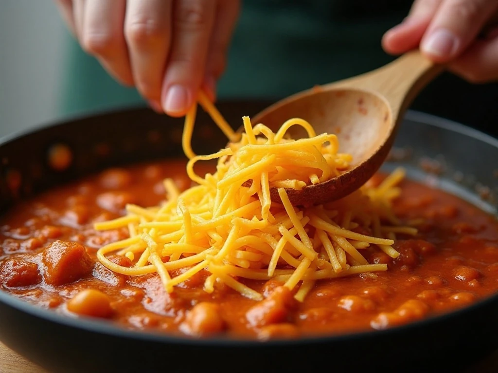 Shredded cheese melting into creamy taco pasta