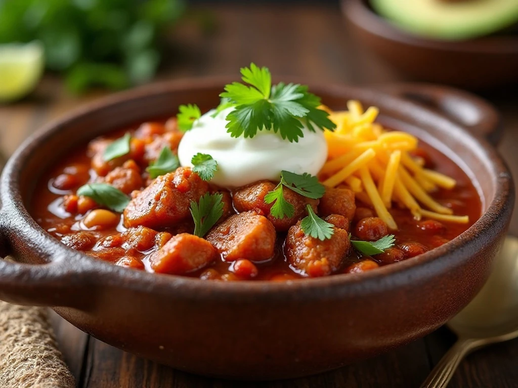 Pressure cooker pork chili served with fresh garnishes