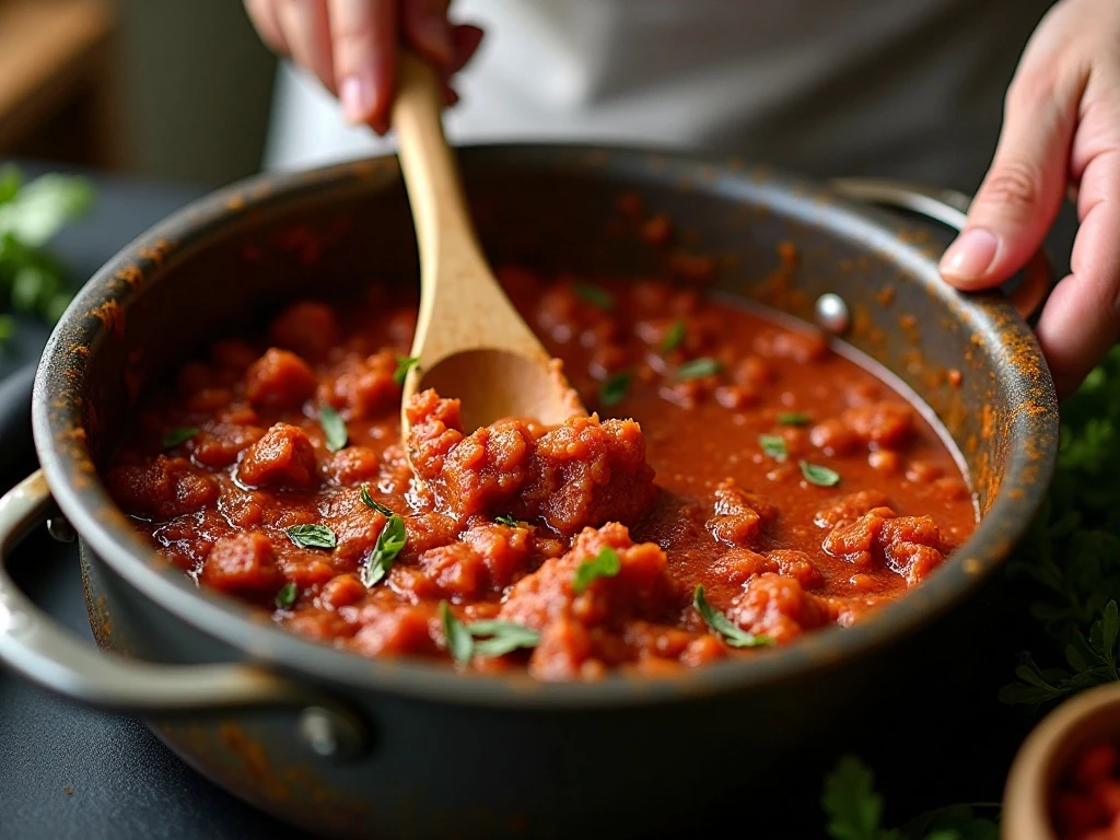 Building the flavorful tomato and chile base