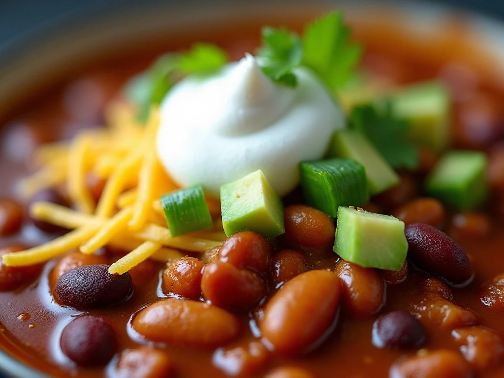 Garnished bowl of smoky pork chili