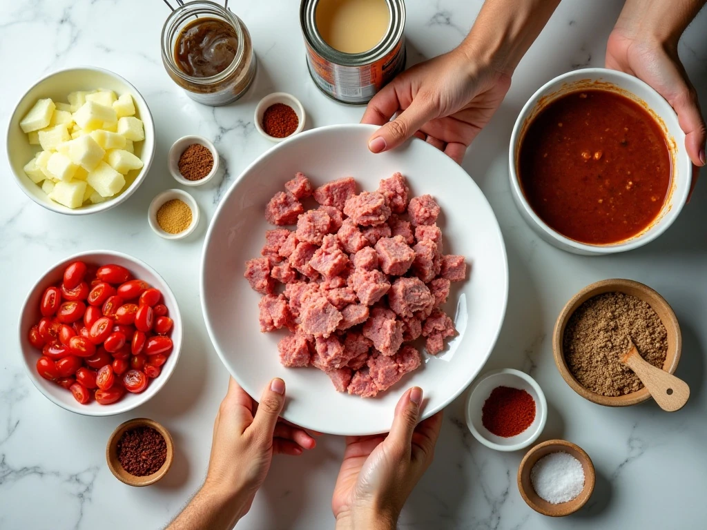 Ingredients for quick ground pork chili arranged on a counter