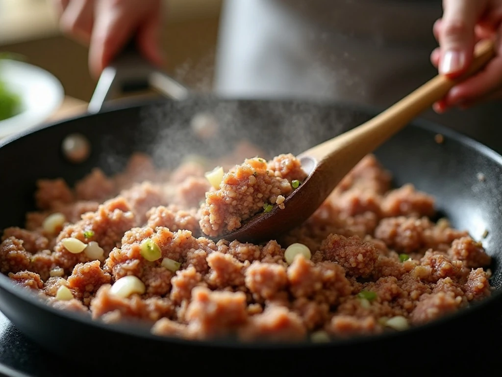 Ground pork and onion browning in a skillet for chili
