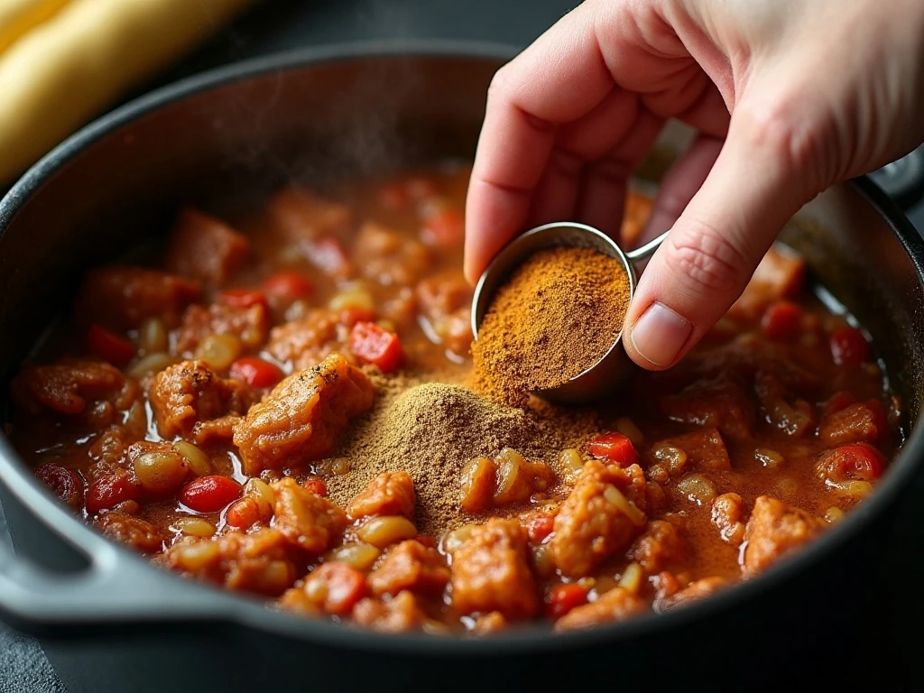 Chili spices blooming with browned pork and onions in a Dutch oven