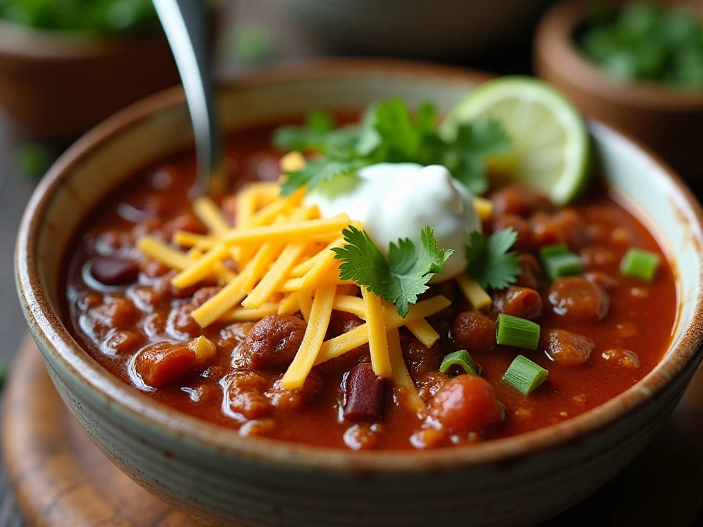 Close-up of pork chili with cheese, sour cream, herbs, scallions, and lime