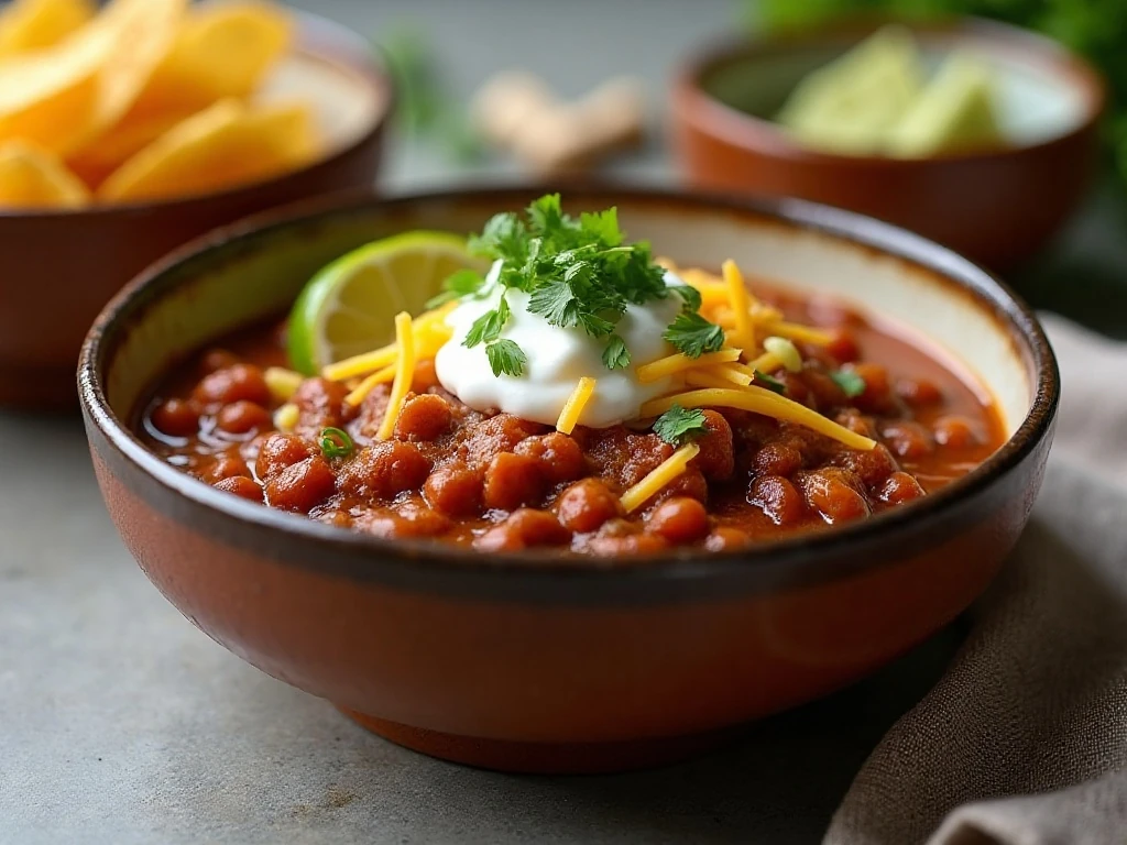 Finished 20-minute pork chili served with fresh toppings and tortilla chips