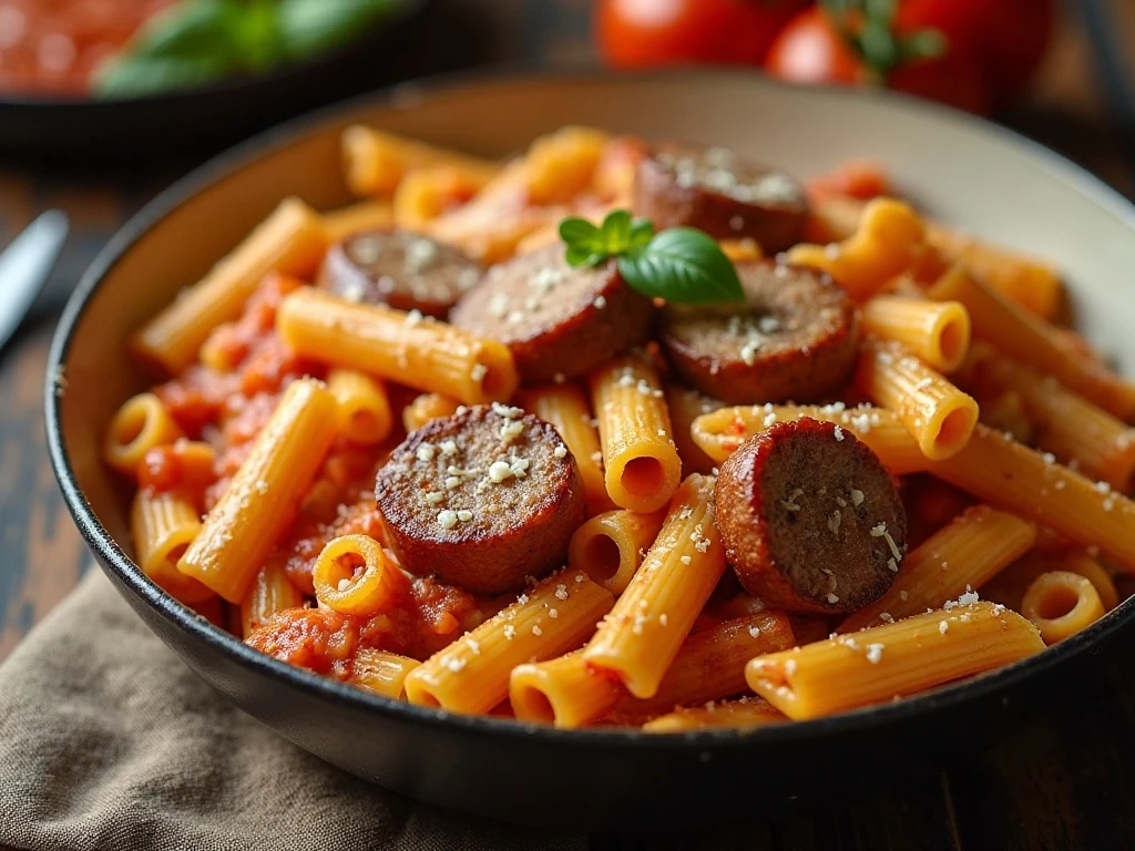 Creamy sausage pasta skillet served for a quick weeknight dinner