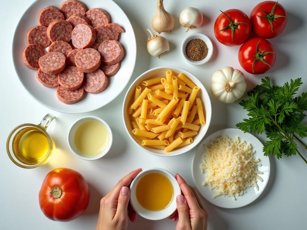 Ingredients for 20-minute sausage pasta skillet