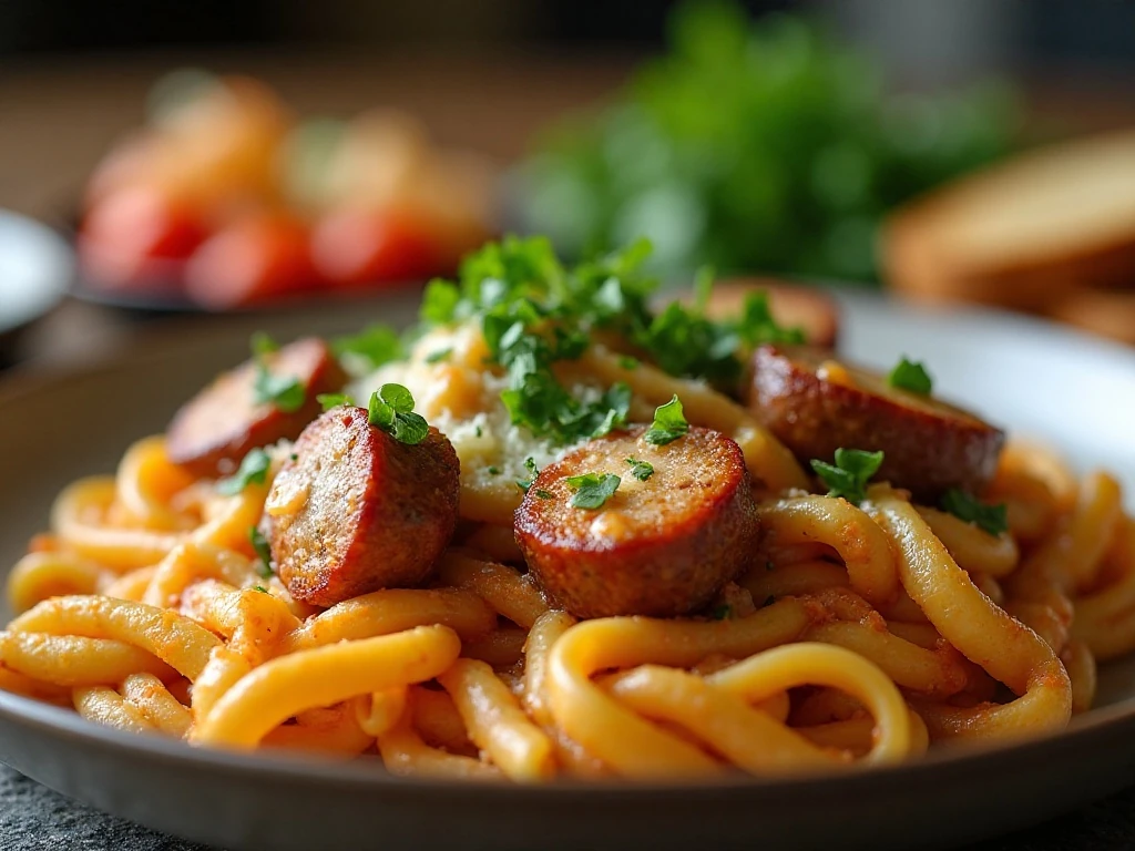 Garnished sausage pasta skillet ready to serve