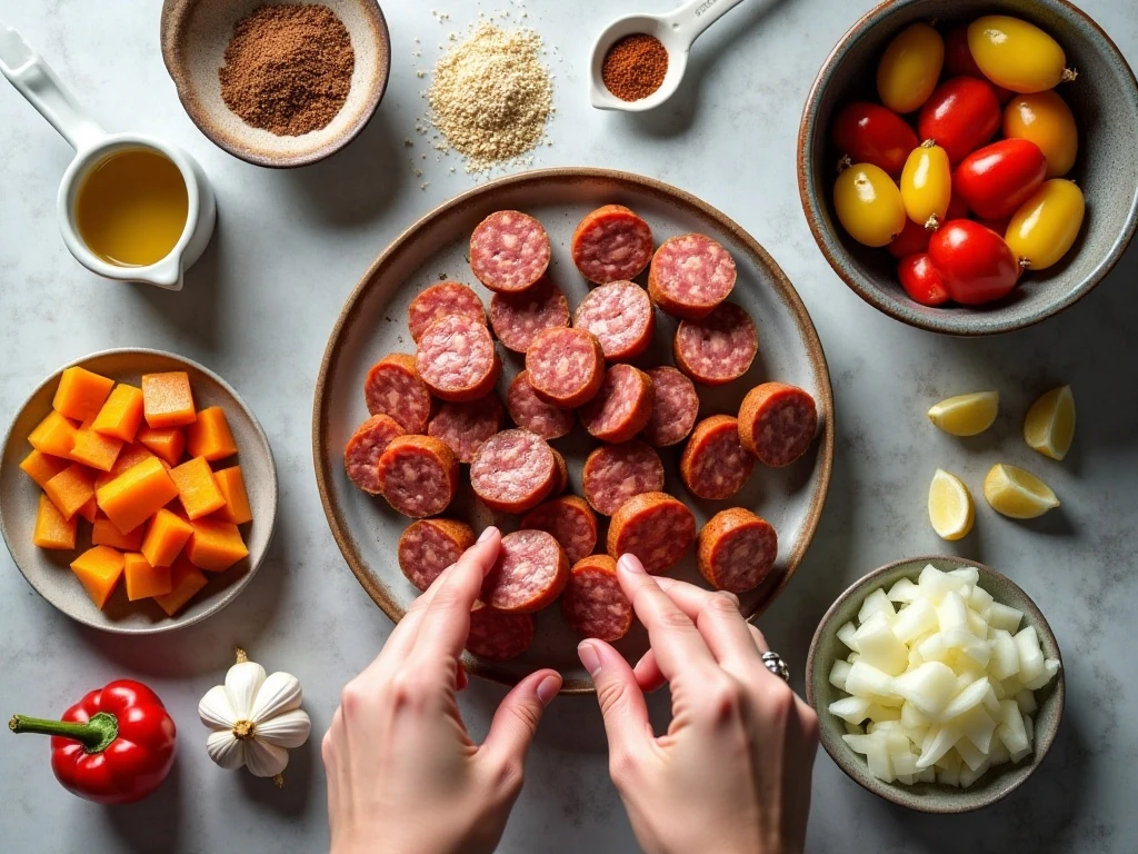 Ingredients for smoked sausage and potato skillet
