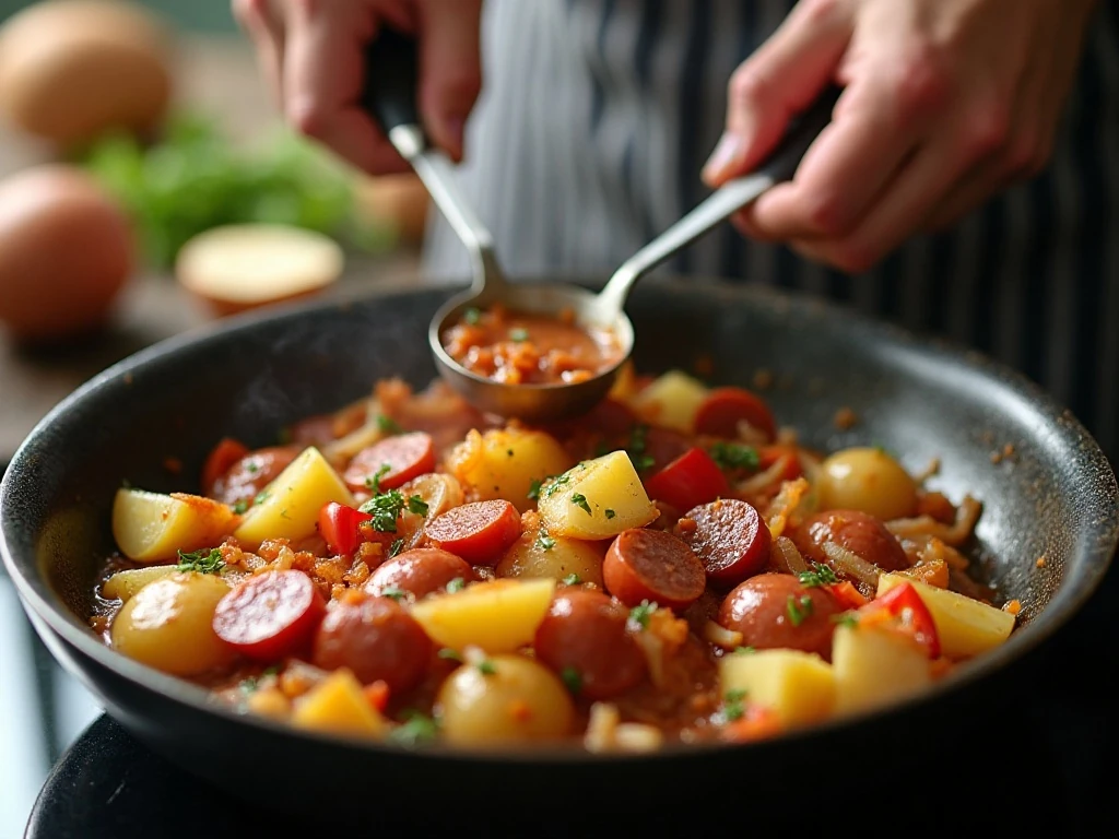Cooking smoked sausage and potatoes in a skillet