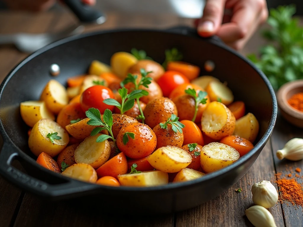 Small potatoes browning evenly in a skillet