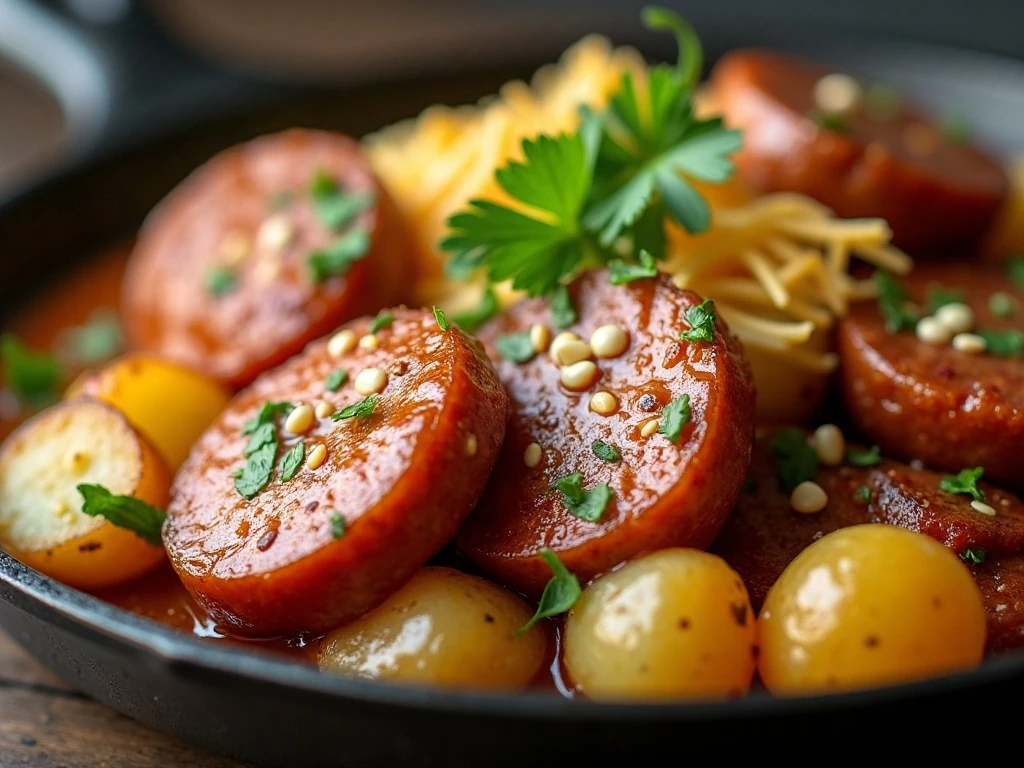 Garnished smoked sausage potato skillet close-up