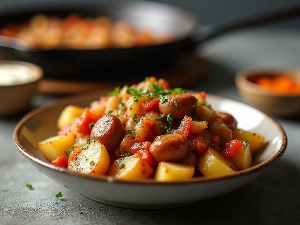Reheated smoked sausage and potato skillet portion