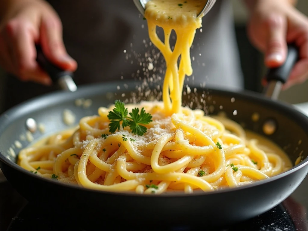Lemon garlic pasta being combined with creamy sauce in a skillet