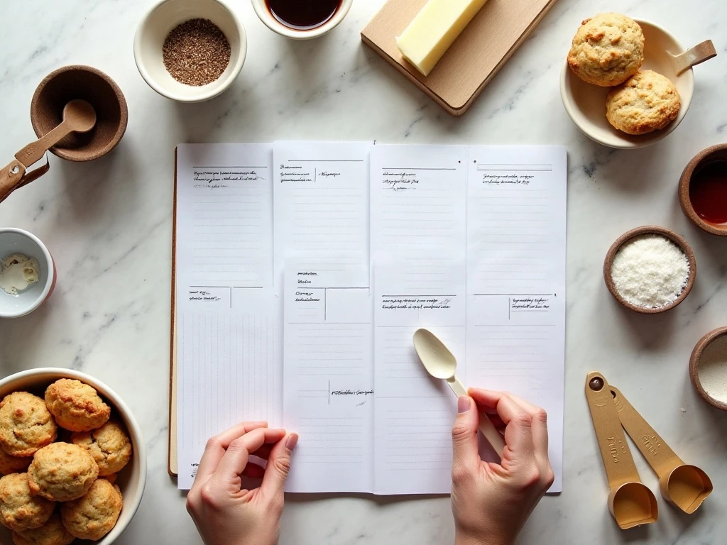 Recipe planning tools and cookie ingredients arranged on a counter