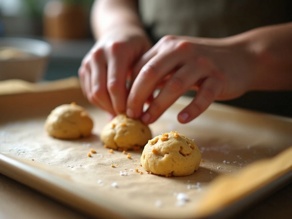 Cookie dough being portioned onto a baking sheet