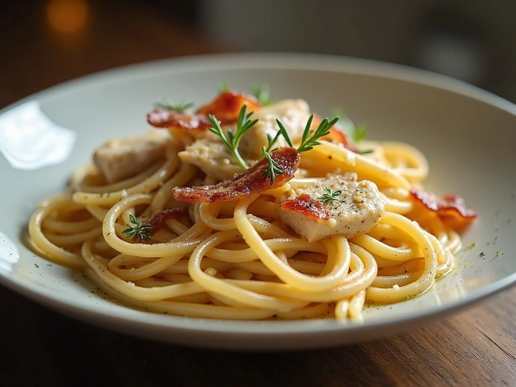 Creamy three-cheese chicken carbonara with bacon and parsley