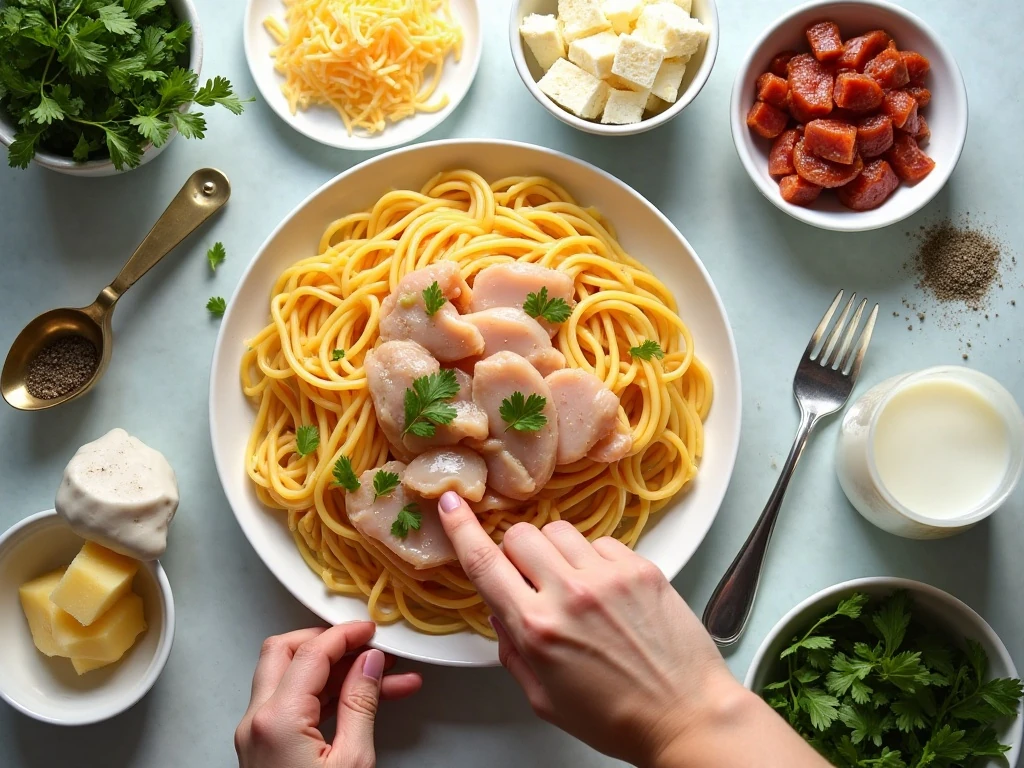 Ingredients for easy three-cheese chicken carbonara
