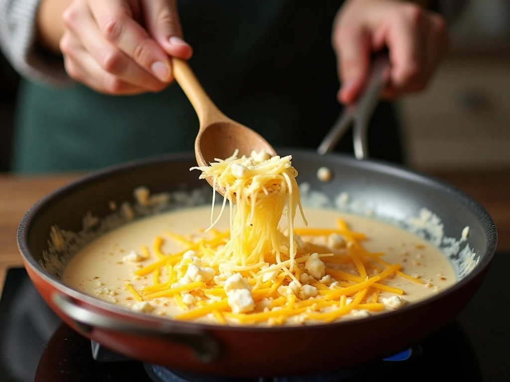 Melting three cheeses into the creamy carbonara sauce