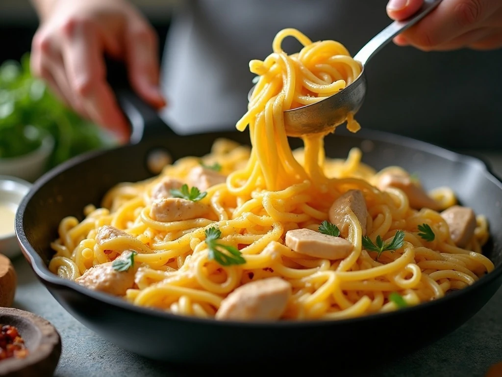 Tossing pasta with smooth creamy cheese sauce