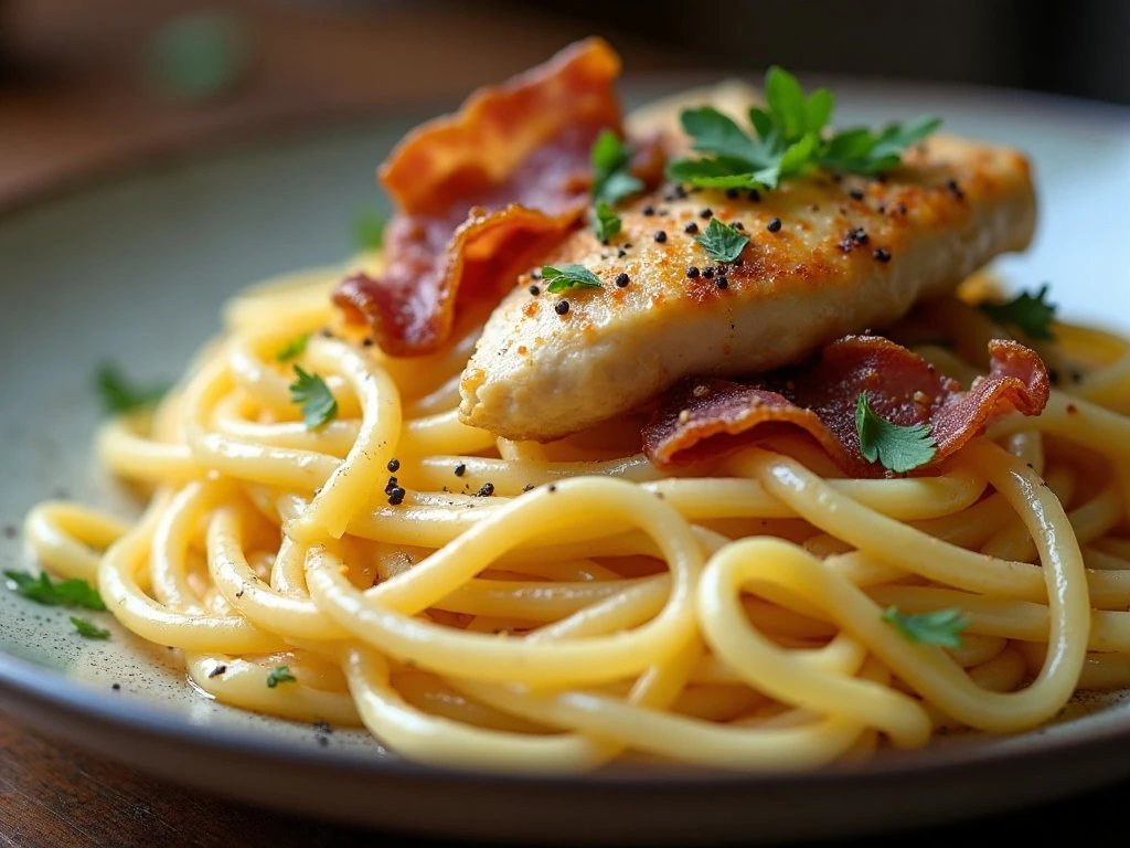 Close-up serving of reheated chicken carbonara with parsley