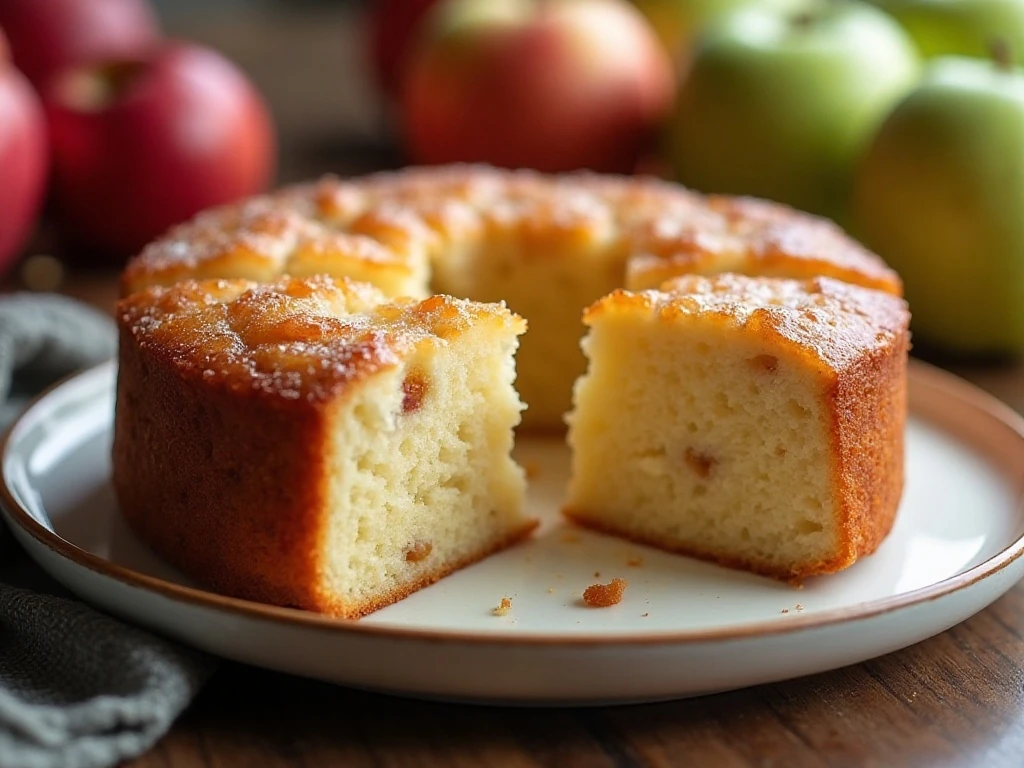 Golden three-ingredient apple cake cut into serving squares
